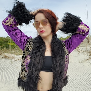 The Purple and Gold Brocade Crop Festival Jacket / Burningman Jacket / Rave Jacket / Unisex Jacket / Playa Jacket
