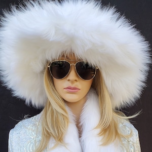 Custom OVERSIZE White Faux Fur Festival Hat / Floppy Hat / Fuzzy Fur Hat / Fake Fur Hat / Rave Hat /  Shag Hat