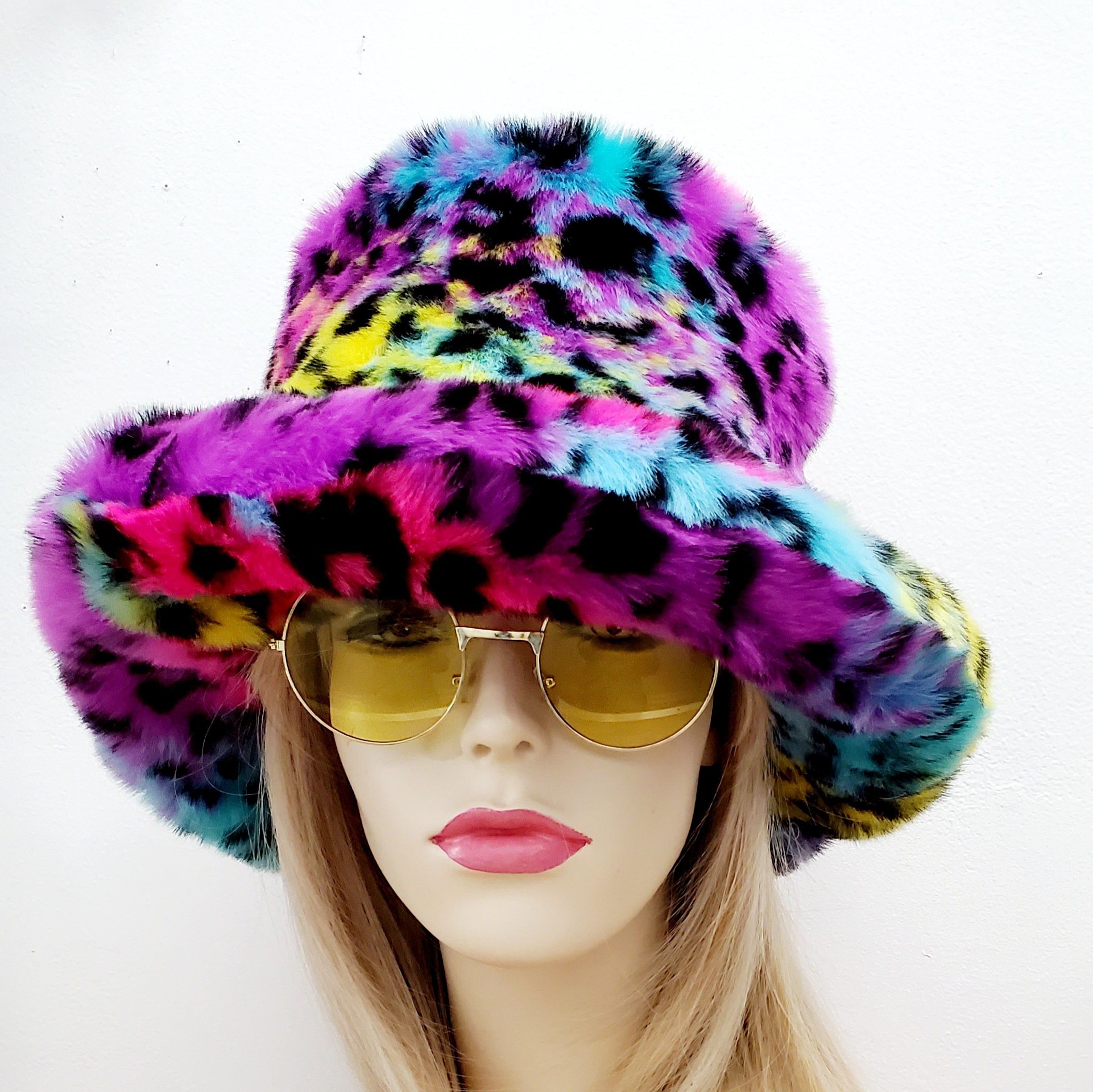 Neon Rainbow Leopard Faux Fur Bucket Hat / Floppy Hat / Festival Hat / Fuzzy Fur Hat / Fake Fur Hat / Rave Hat / Shag Hat / Hand Made Hat