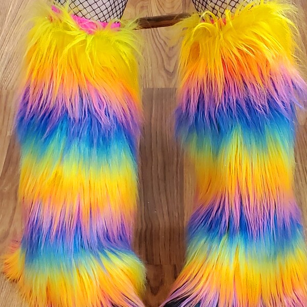 Rainbow Long Pile Faux Fur Leg Warmers / Furry Leg Warmers / Rave Fluffies / GoGo Dancer / Burning Man Festival wear / Pride