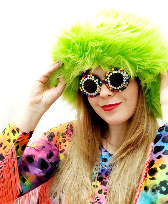 Lime Green Faux Fur Bucket Hat / Floppy Hat / Festival Hat  display picture 1
