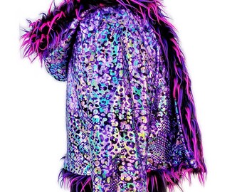 Purple Holographic Reversible Spiky Monster Faux Fur Crop