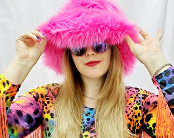 Fuchsia Faux Fur Bucket Hat / Bright Pink Shag Hat / Festival Hat / Floppy Hat / Rave Hat /  Long Plie Luxury Fur Hat / Vegan Fur Hat
