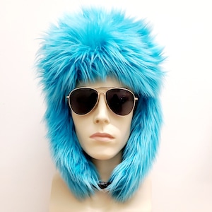 Custom Faux Fur Trapper Hat / Aviator Hat /  Festival Hat / Turquoise Fur Hat / Fur Hat / Rave Hat / Burning Man Hat /  Handmade Bomber Hat