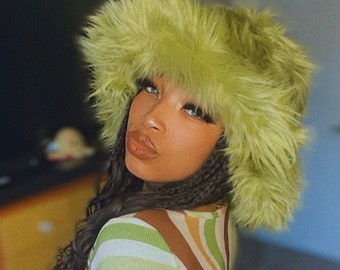Moss Green Faux Fur Bucket Hat / Floppy Hat / Festival Hat / Fuzzy Fur Hat / Fake Fur Hat / Rave Hat / Shag Hat / Handemade hat