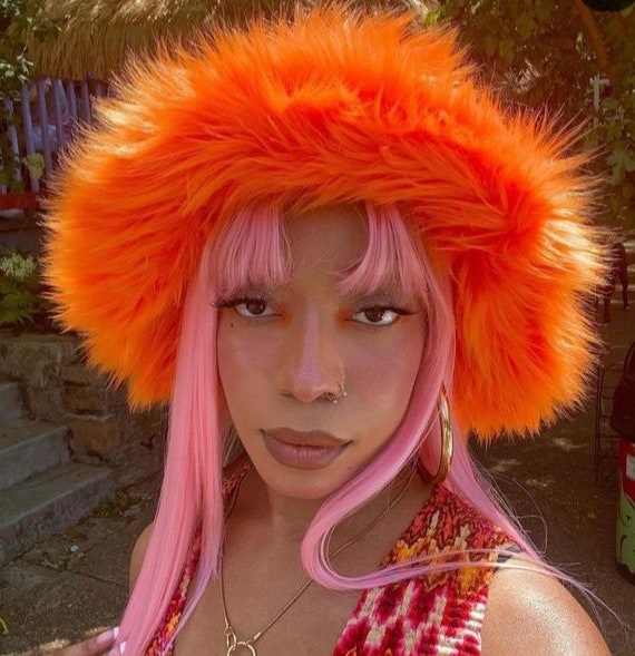 Orange Crush Faux Fur Bucket Hat / Floppy Hat / Festival Hat
