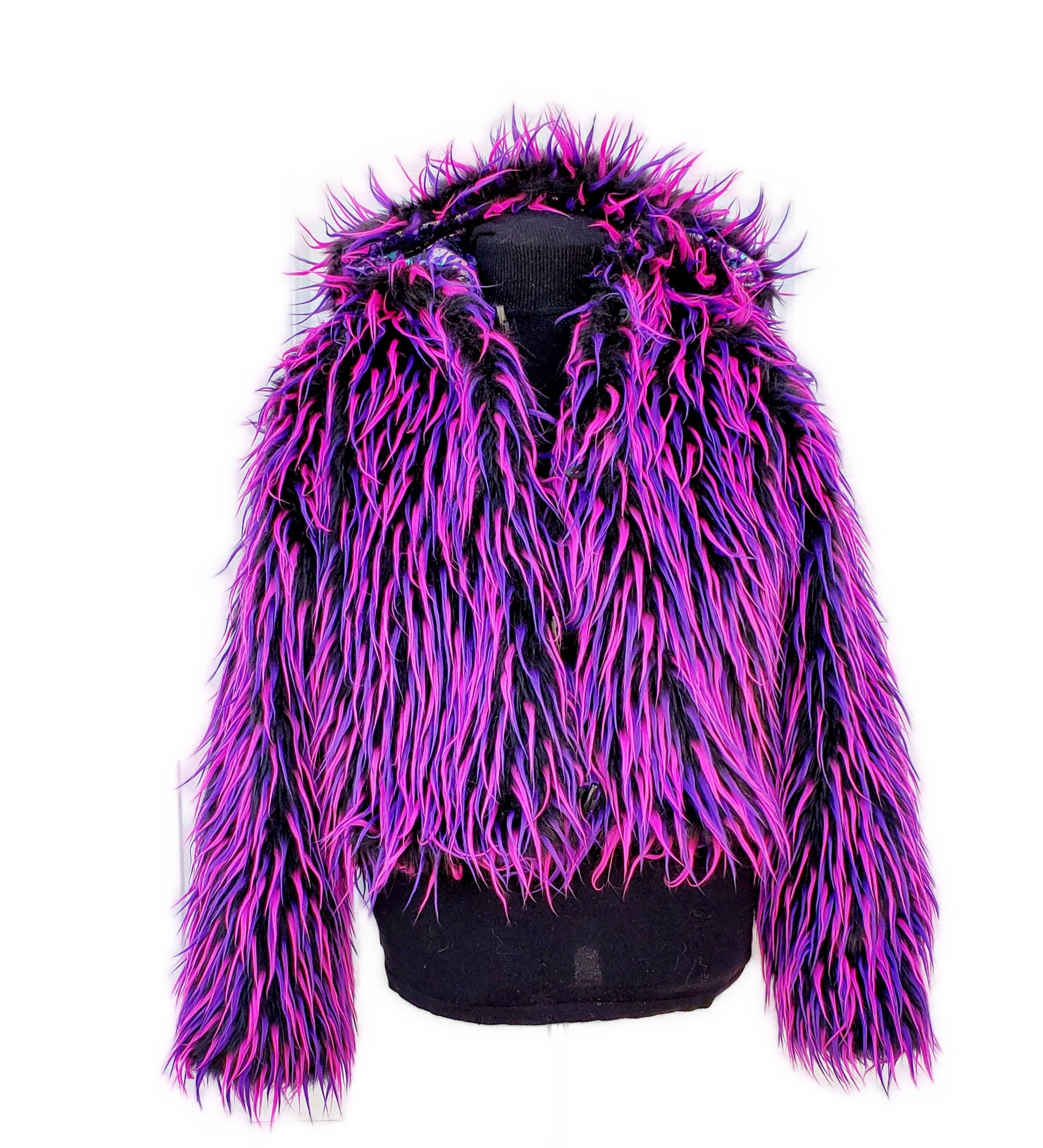 ムートン・ファーコート Left Eco Fur Crop Jacket Purple Purple Holographic Reversible Spiky Monster Faux Fur Crop