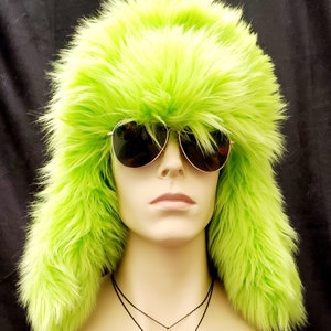 Custom Faux Fur Trapper Hat / Aviator Hat /  Festival Hat / Lime Green Fur Hat / Fur Hat / Rave Hat / Burningman Hat /  Handmade Bomber Hat