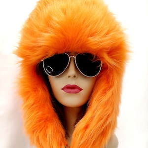 Benutzerdefinierte Faux Pelz Trapper Hut / Fliegermütze / Festival Hut / Orange Pelzmütze / Pelzmütze / Rave Hut / Burning Man Hut / handgemachte Bombermütze