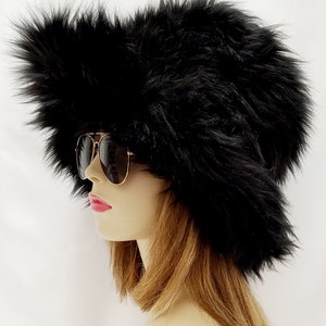 Gorgeous Black Faux Fur Bucket Hat / Shag Hat / Festival Hat / Floppy Hat / Rave hat / Vegan Fur Hat / Long Pile Fur Hat
