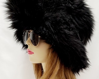 Gorgeous Black Faux Fur Bucket Hat / Shag Hat / Festival Hat / Floppy Hat / Rave hat / Vegan Fur Hat / Long Pile Fur Hat