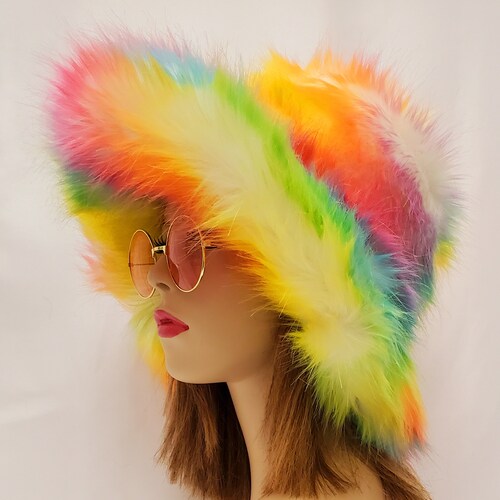 Sorbet Rainbow Wave Faux Fur Bucket Hat / Floppy Hat / Festival Hat / Fuzzy Fur Hat / Fake Fur Hat / Handmade Hat / Pride Hat
