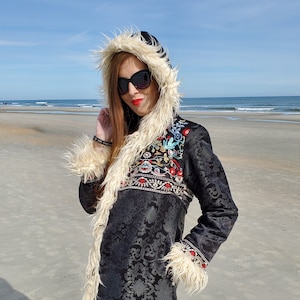 The Sherpa Reversible Faux Fur Festival Coat with Multi Colored Embroidery / Playa Coat / Size Small / Boho Coat / Burning Man