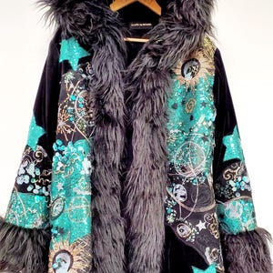 The Moons and Stars Sequin Applique Faux Fur Festival Coat / Handmade / Burning Man / Playa Coat / Unisex Coat