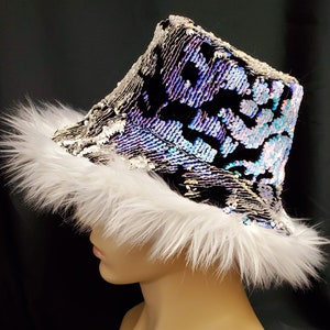 Sequin Reversible WhiteFaux Fur Bucket Hat / Shag Hat / Festival Hat / Floppy Hat / Rave hat / Vegan Fur Hat / Long Pile Fur Hat