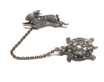 Knoll and Pregizer Antique Collar Pins Early 20th Century Silver and Paste Tortoise and Hare Brooch