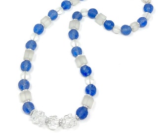 Vintage ketting jaren 1920 art-deco blauwe gesneden glaskraal