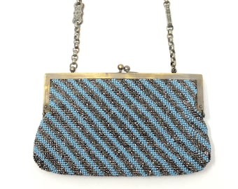 Victorian Silver and Turquoise Glass Bead Antique Evening Bag