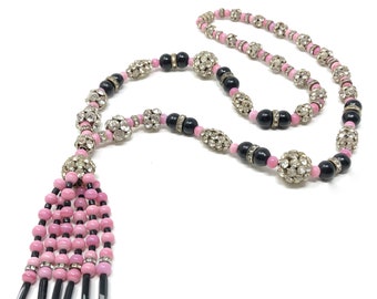 1920s Art Deco Pink and Black Glass Bead Rhinestone Detailed Vintage Flapper Necklace