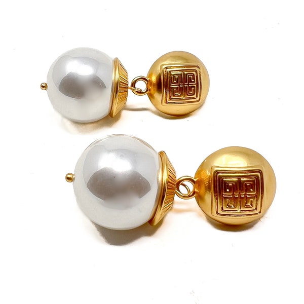 Givenchy 1990s Gold Plate and Faux Pearl Vintage Logo Earrings