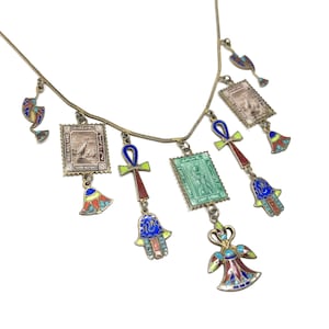 1920s Egyptian Revival Silver Gilt and Enamel Vintage Charms Necklace