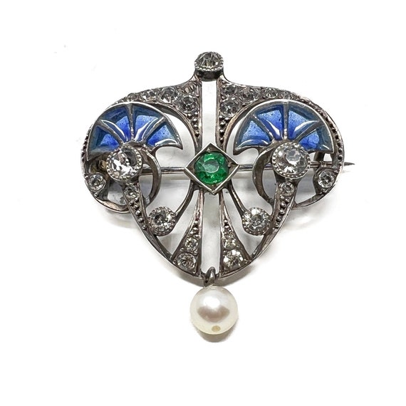 Art Nouveau Brooch French Silver, Plique-à-Jour and Paste Antique c.1900