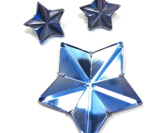 1930s Blue Art Deco Czechoslovakian Mirror Glass Vintage Star Design Dress Clip and Earrings Set