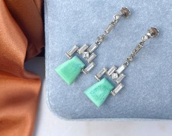 Art Deco Silver Earrings 1920s Vintage Paste and Green Glass Drops