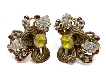 Miriam Haskell 1950s Vintage Yellow Glass Bow Earrings