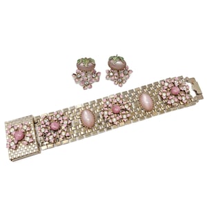 1950s Bracelet and Earrings Set Pink Enamel and Rhinestones Vintage Floral