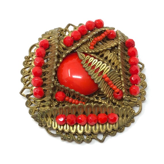 Miriam Haskell 1950s Red Glass Cabochon Vintage Br