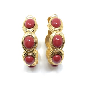Givenchy 1980s Gold Plated Coral Glass Cabochon Vintage Hoop Earrings