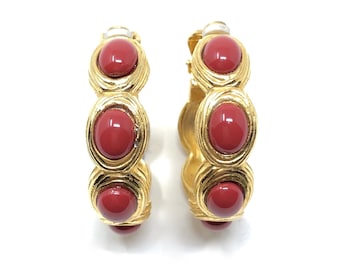 Givenchy 1980s Gold Plated Coral Glass Cabochon Vintage Hoop Earrings