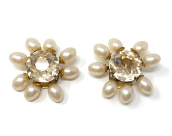 1930s French Crystal and Faux Pearl Vintage Flower Dress Clips