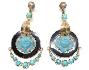 1920s Egyptian Revival Turquoise Glass and Black Enamel Vintage Pharaoh Hoop Earrings