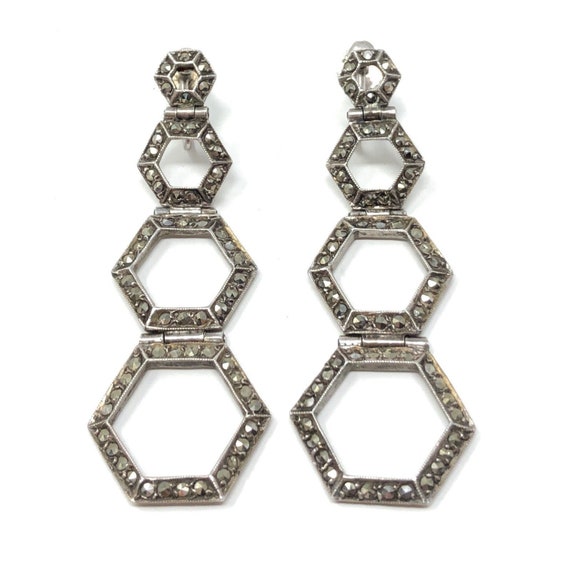 1920s Art Deco Silver and Marcasite Hexagon Design