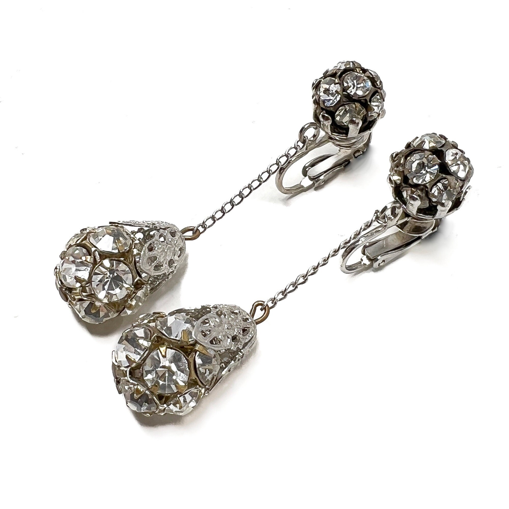 1960s Vintage Earrings Rhinestone Studded Ball Drops