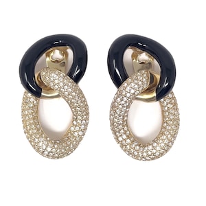 Christian Dior 1980s Black Enamel and Rhinestone Vintage Statement Hoop Earrings