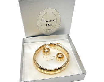 Christian Dior 1980s Jewellery Set Vintage Gold Plated Gas Pipe Design