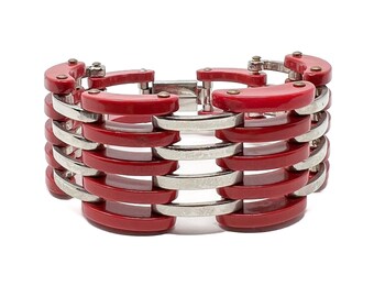 Jakob Bengel 1930s Chrome and Red Galalith Vintage Bracelet