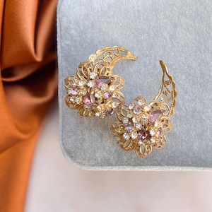 Vintage 1950s Earrings Metal Filigree and Rhinestone Flower Ear Climbers