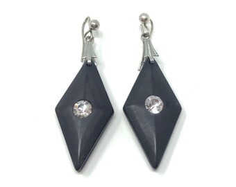 1970s Black Lucite and Rhinestone Art Deco Style Vintage Drop Earrings