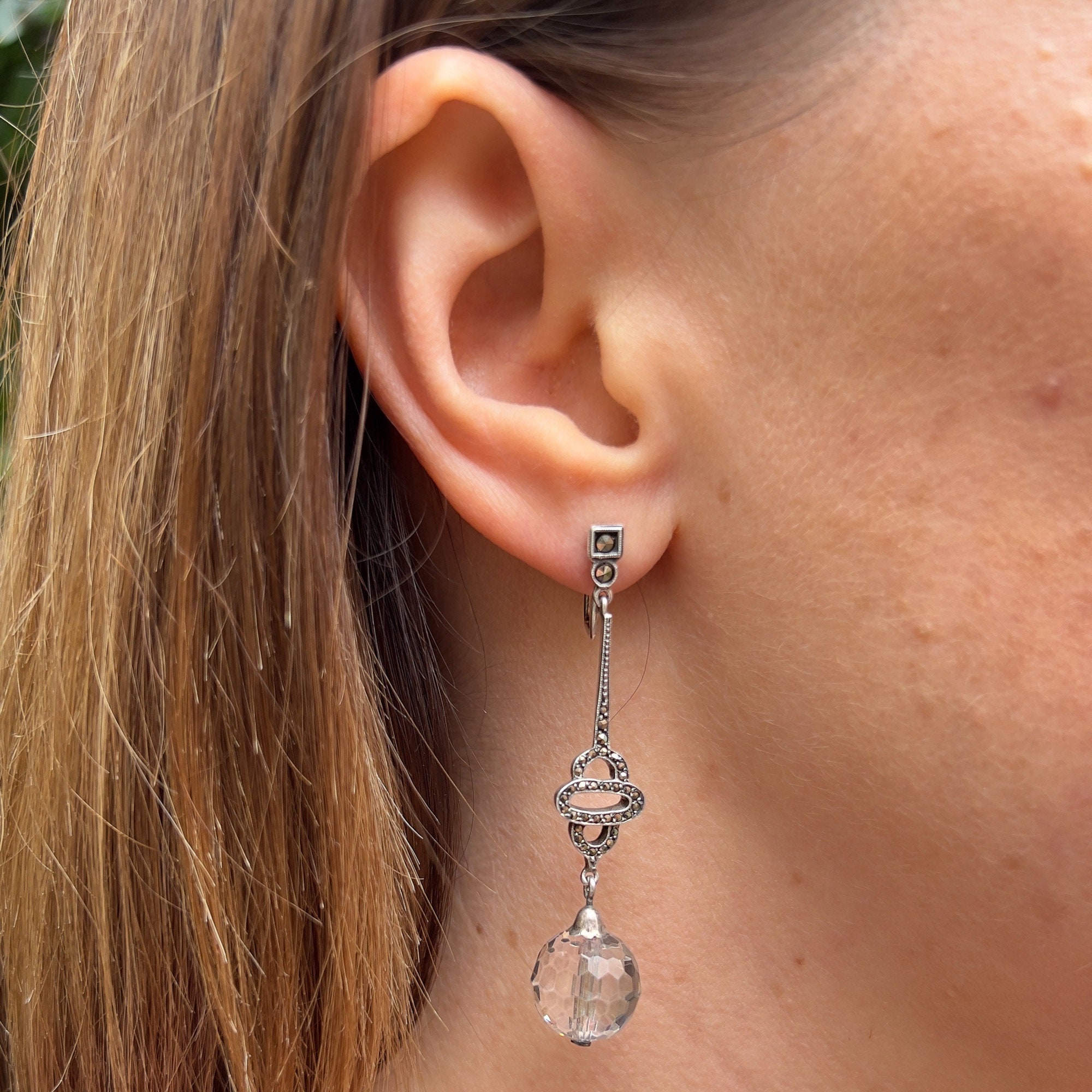 Boucles D'oreilles Art Déco En Argent Fin Avec Cristaux Et Hématites - Occasion, Espagne XXe