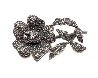Vintage 1950s Brooch Silver and Marcasite Rose