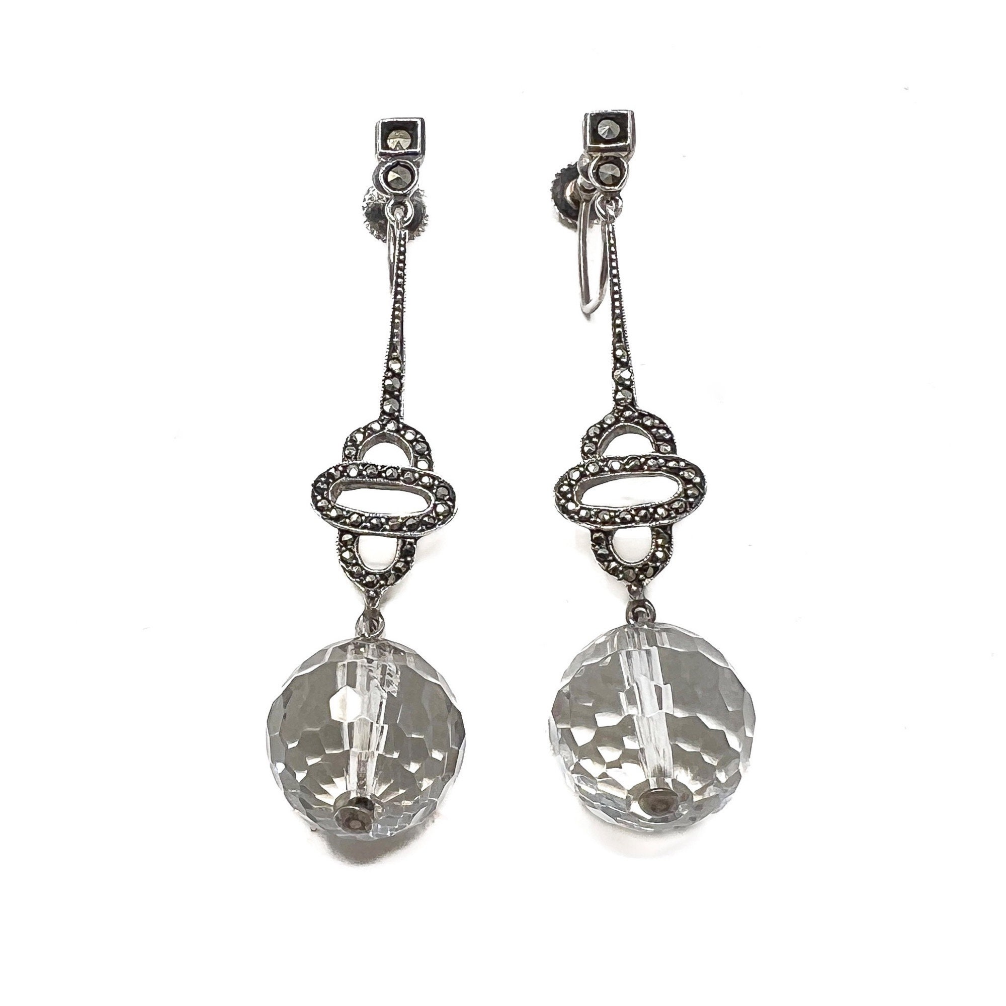 Boucles D'oreilles Art Déco – Argent, Cristaux Et Hématites, Vintage Espagnol