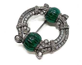 Art Deco French Brooch c.1920 Vintage Silver, Paste and Emerald Melon Cut Glass