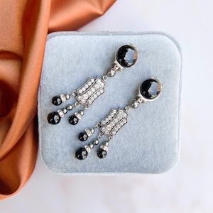 Vintage Art Deco Style Earrings Black Glass and Rhinestone Drops