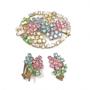 1950s Multi-Coloured Rhinestone Lupin Design Vintage Brooch and Earrings Set
