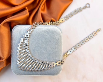 Machine Age Necklace Vintage 1930s Chrome Brickwork Design German Jewelry