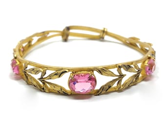 C.1900 Art Nouveau Metal dorado y vidrio rosa Brazalete antiguo en la parte superior del brazo